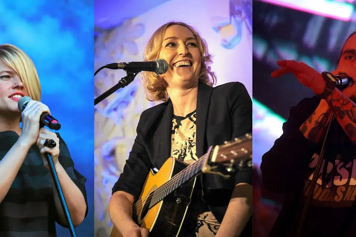 Trzy sceny muzyczne: Ania Dąbrowska śpiewa, gra na gitarze i występuje z zespołem.