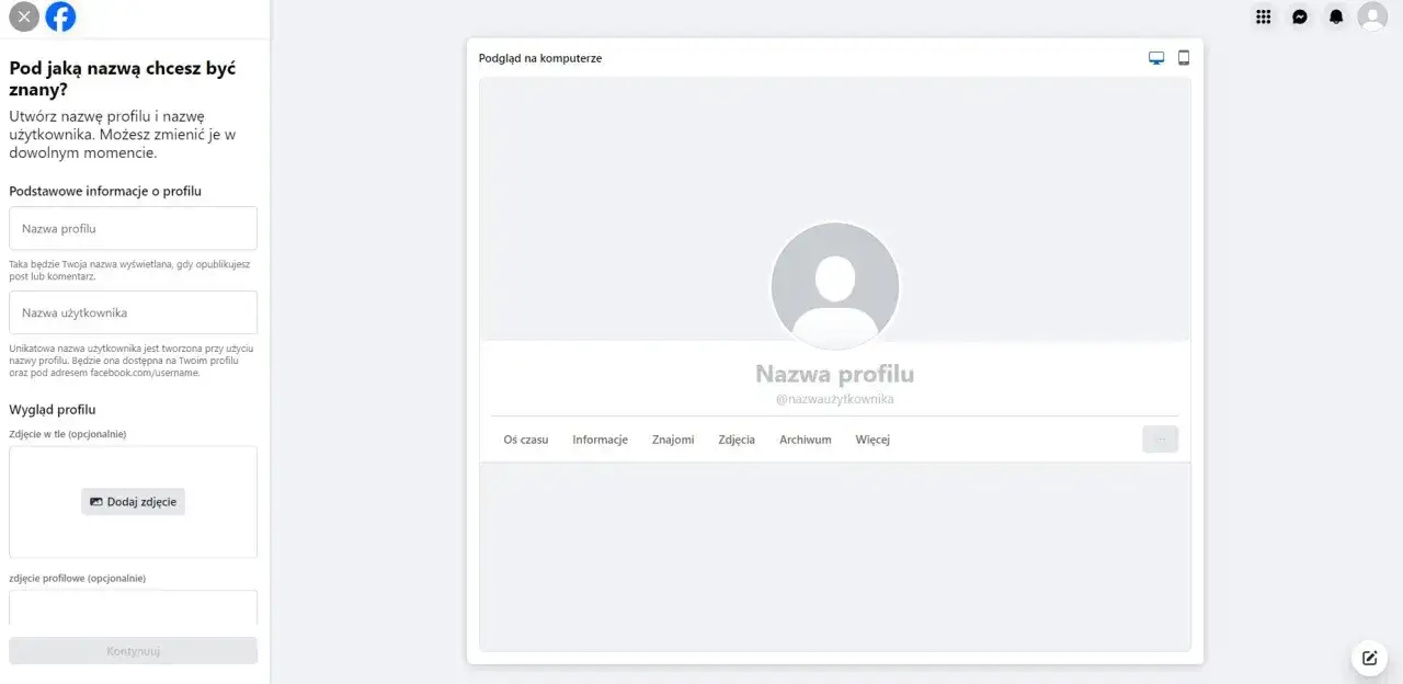 Tworzenie nowego profilu na Facebooku: wpisz nazwę profilu i nazwę użytkownika, dodaj zdjęcie w tle i profilowe. Podgląd na komputerze.
