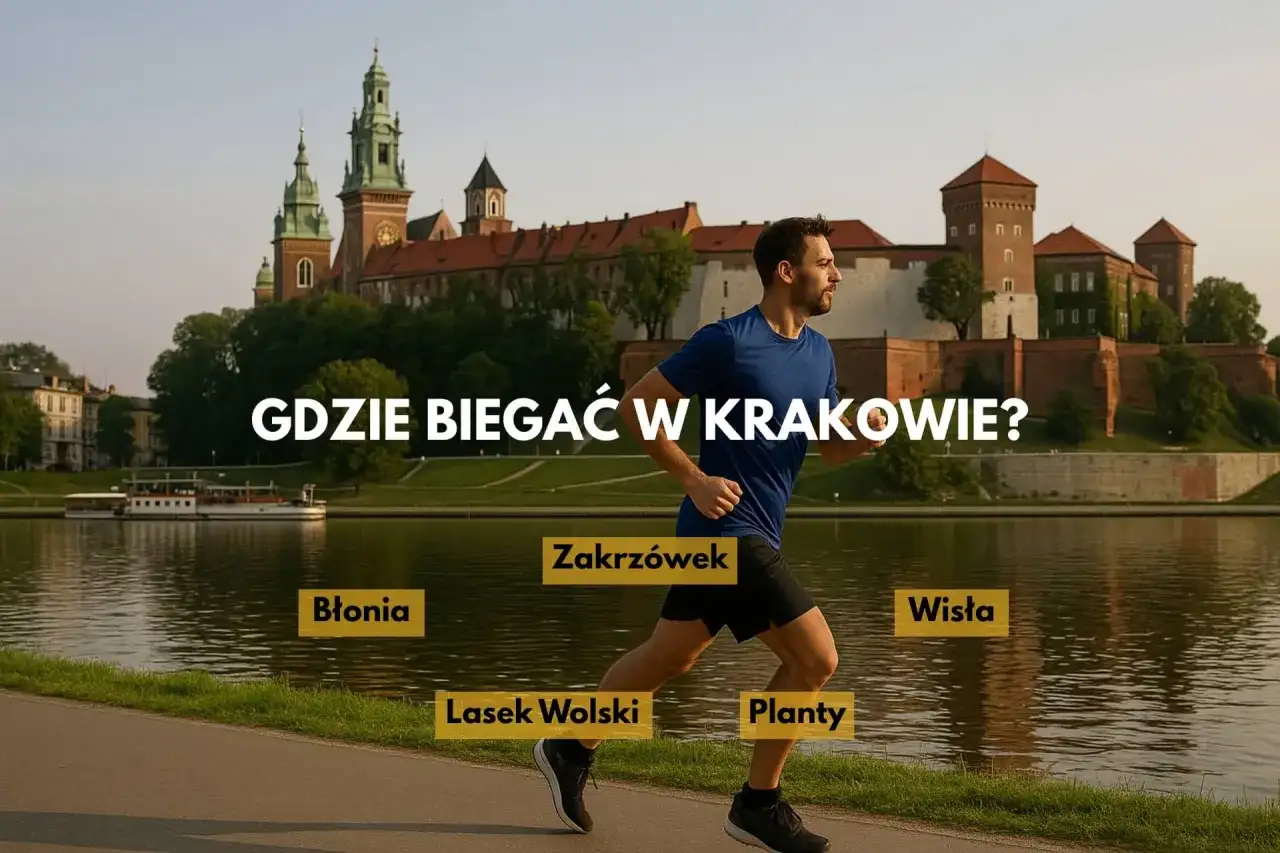 Mężczyzna biegnie nad Wisłą w Krakowie, obok Wawelu. Na ekranie widnieje napis "Gdzie biegać w Krakowie?" oraz nazwy miejsc: Błonia, Zakrzówek, Lasek Wolski, Planty.