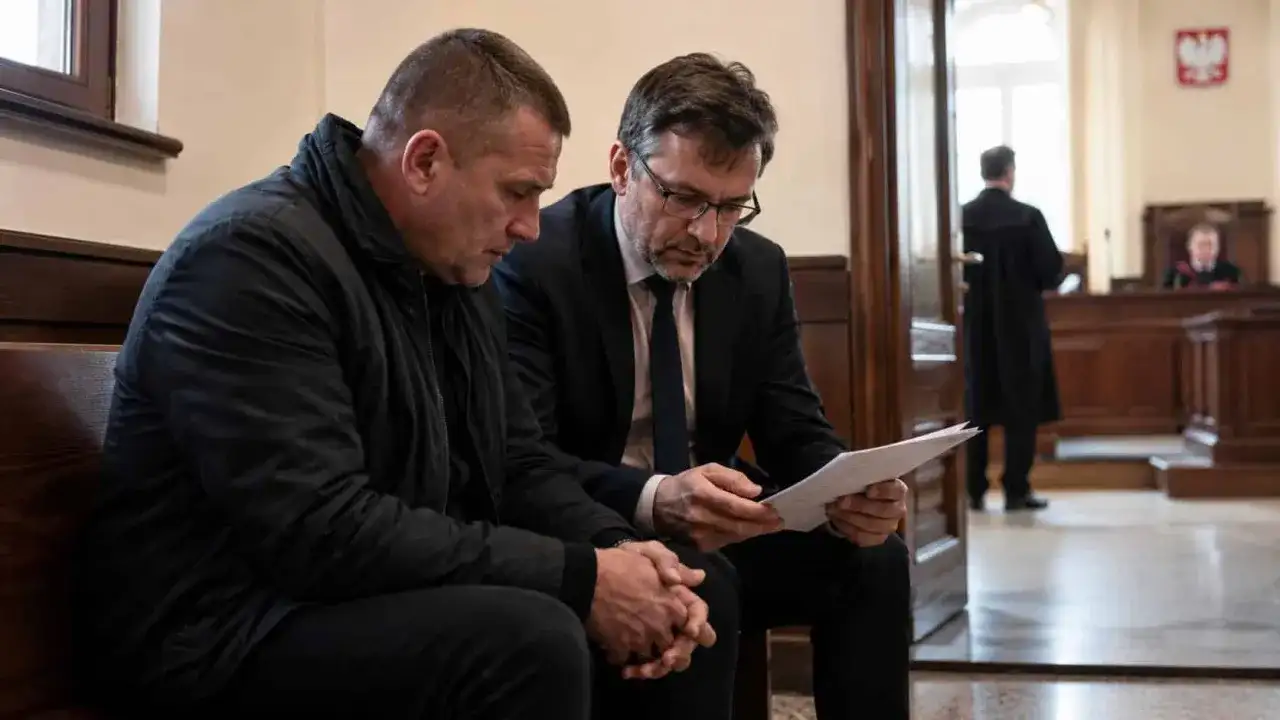 Dwóch mężczyzn w sądzie, jeden w czarnej kurtce, drugi w garniturze, analizuje dokumenty. W tle sędzia i ławnicy. Czy to kolejna recydywa?