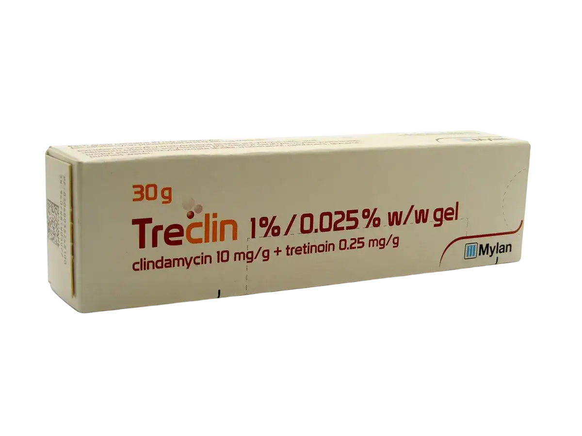 Opakowanie żelu Treclin z klindamycyną i tretinoiną, 30g. Pomaga w walce z trądzikiem.