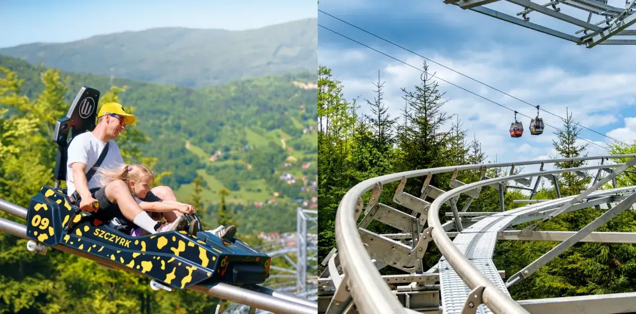 Ojciec z córką zjeżdżają na letnim rollercoasterze w Szczyrku, a w tle widać kolejkę gondolową.