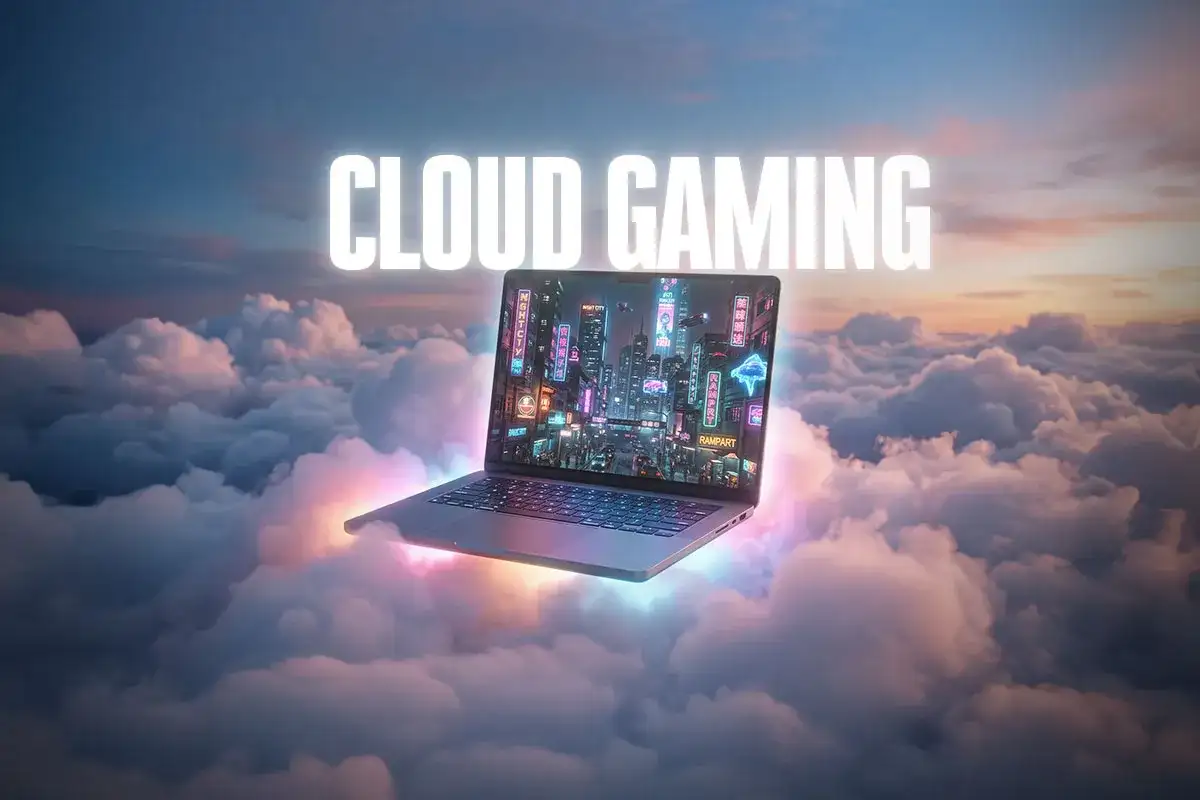 Laptop unoszący się na chmurach, wyświetlający neonowe miasto. Idealny do grania w gry na **GeForce Now Linux**.