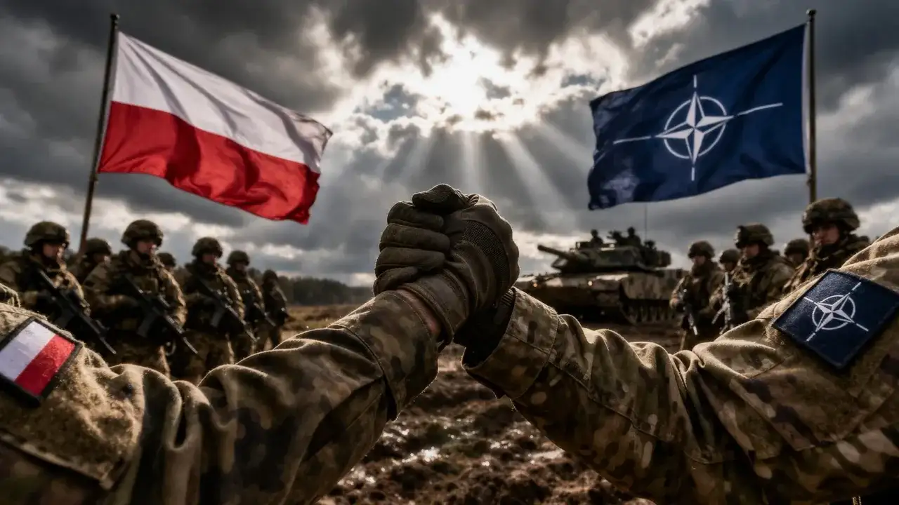 Żołnierze ściskają sobie dłonie pod flagami Polski i NATO. To symbol jedności i siły sojuszu, który pokazuje, co to jest NATO.