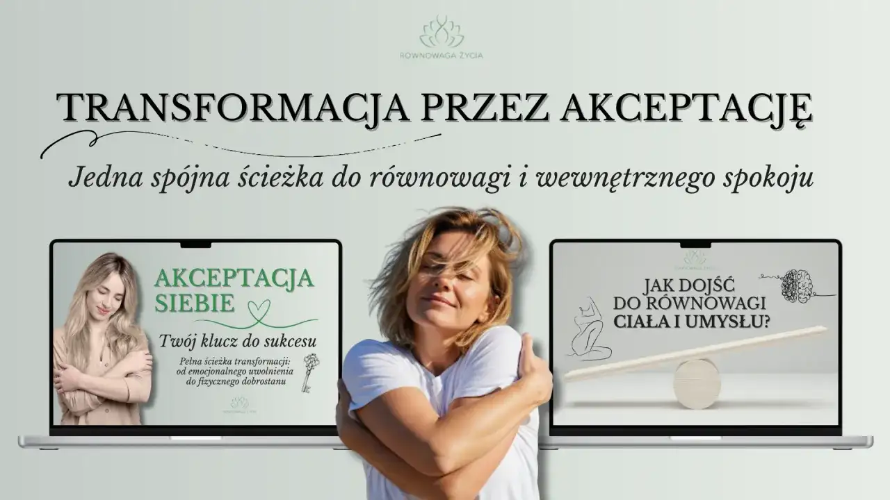 Kobieta obejmująca się na tle dwóch laptopów z grafikami o akceptacji siebie i równowadze ciała i umysłu.