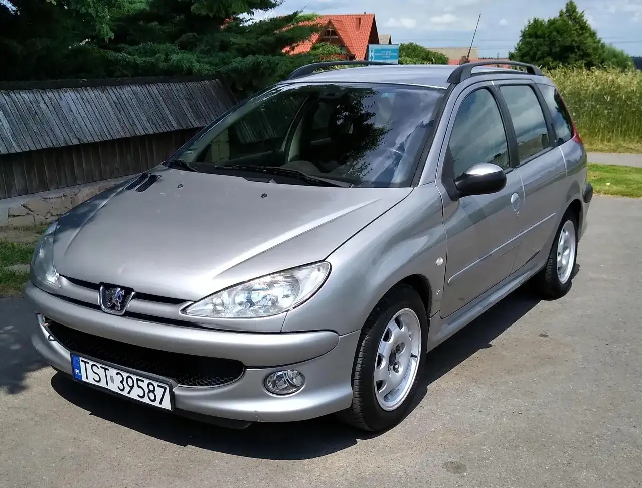 Srebrny Peugeot 206 SW z relingami dachowymi zaparkowany na tle drewnianego płotu i zieleni.