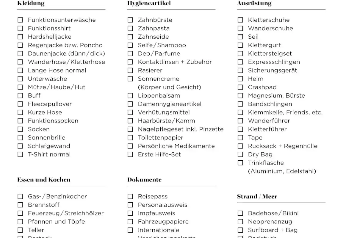 Packliste für das Mobilheim: Kleidung, Hygieneartikel, Ausrüstung, Essen, Dokumente und Strandutensilien. Alles für den perfekten Urlaub.