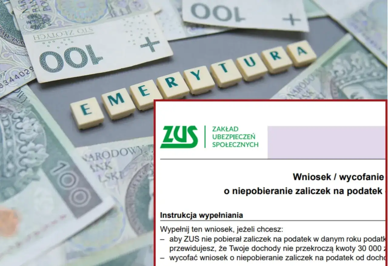 Wniosek o niepobieranie zaliczek na podatek, wzór pisma o przejście na emeryturę, na tle polskich banknotów.