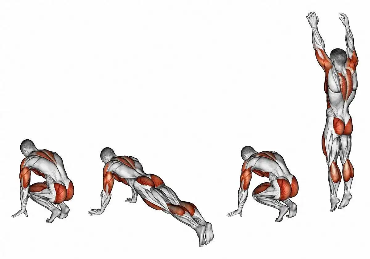 Secuencia de un hombre realizando burpees, mostrando las fases de sentadilla, plancha, y salto vertical.