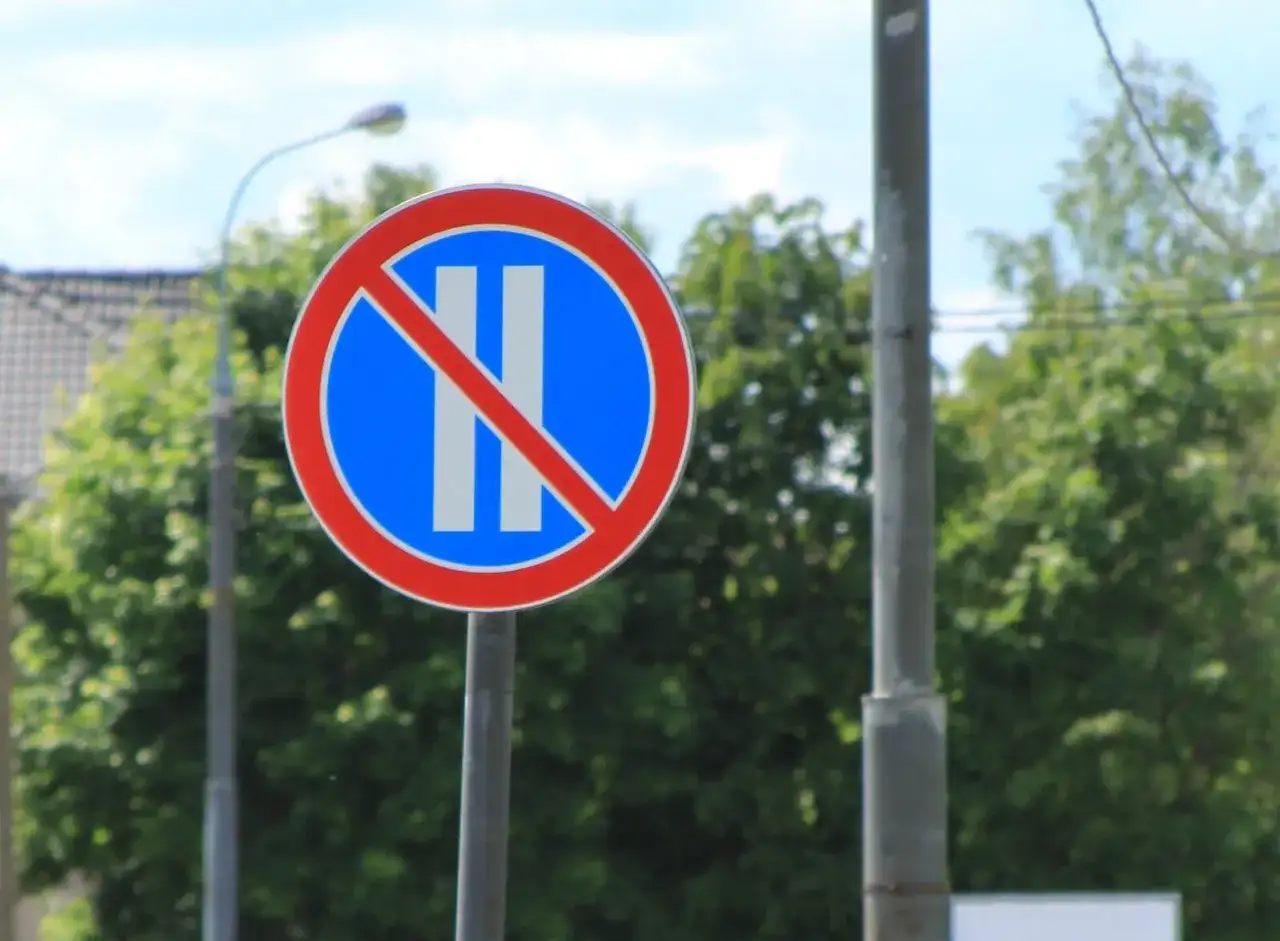 Znak drogowy informuje o **zakazie postoju**. Nie wolno tu zatrzymywać pojazdu.