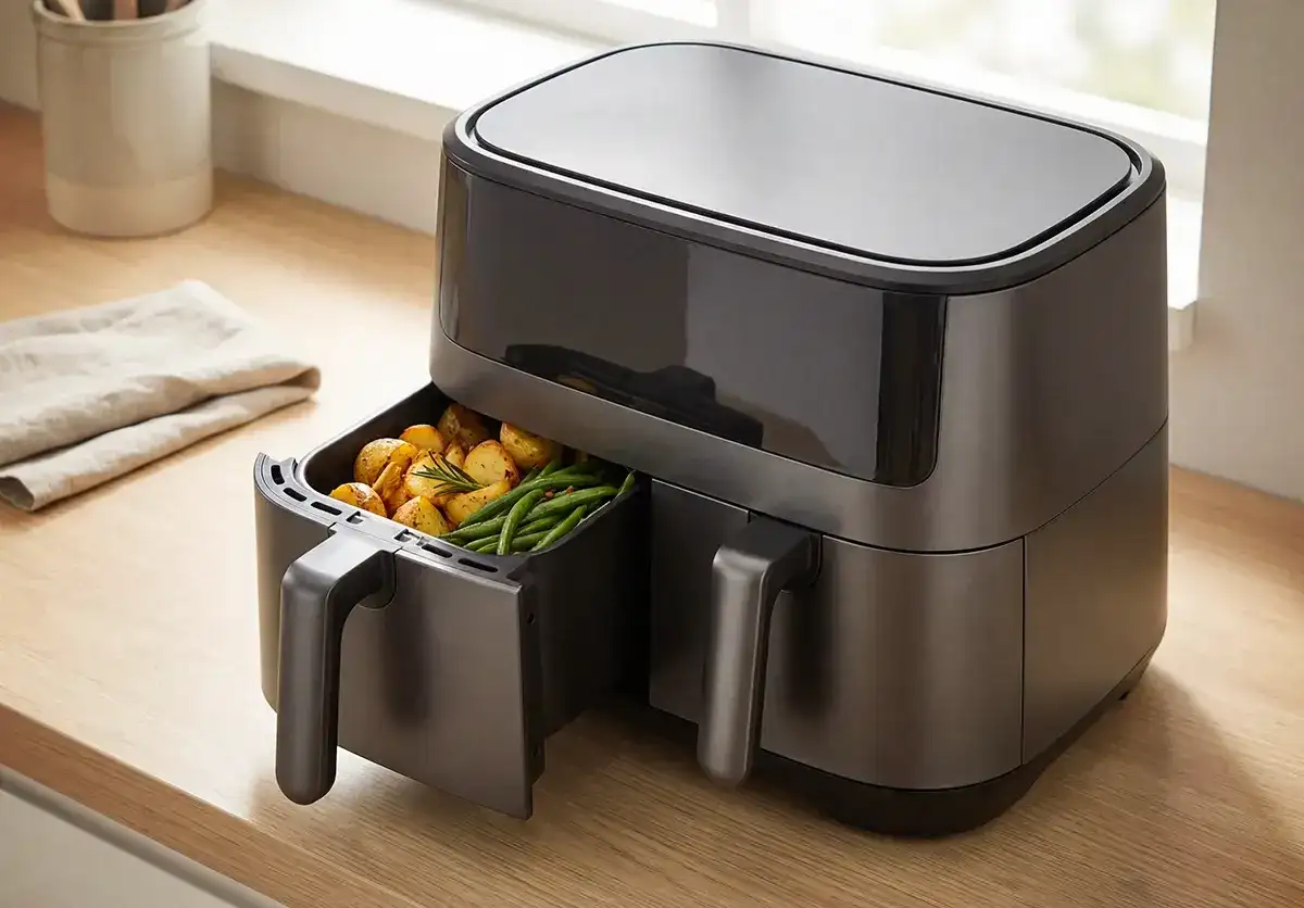 Nowoczesny air fryer z szufladą pełną chrupiących ziemniaczków i fasolki szparagowej. Idealny wybór, gdy zastanawiasz się, jaki wybrać.