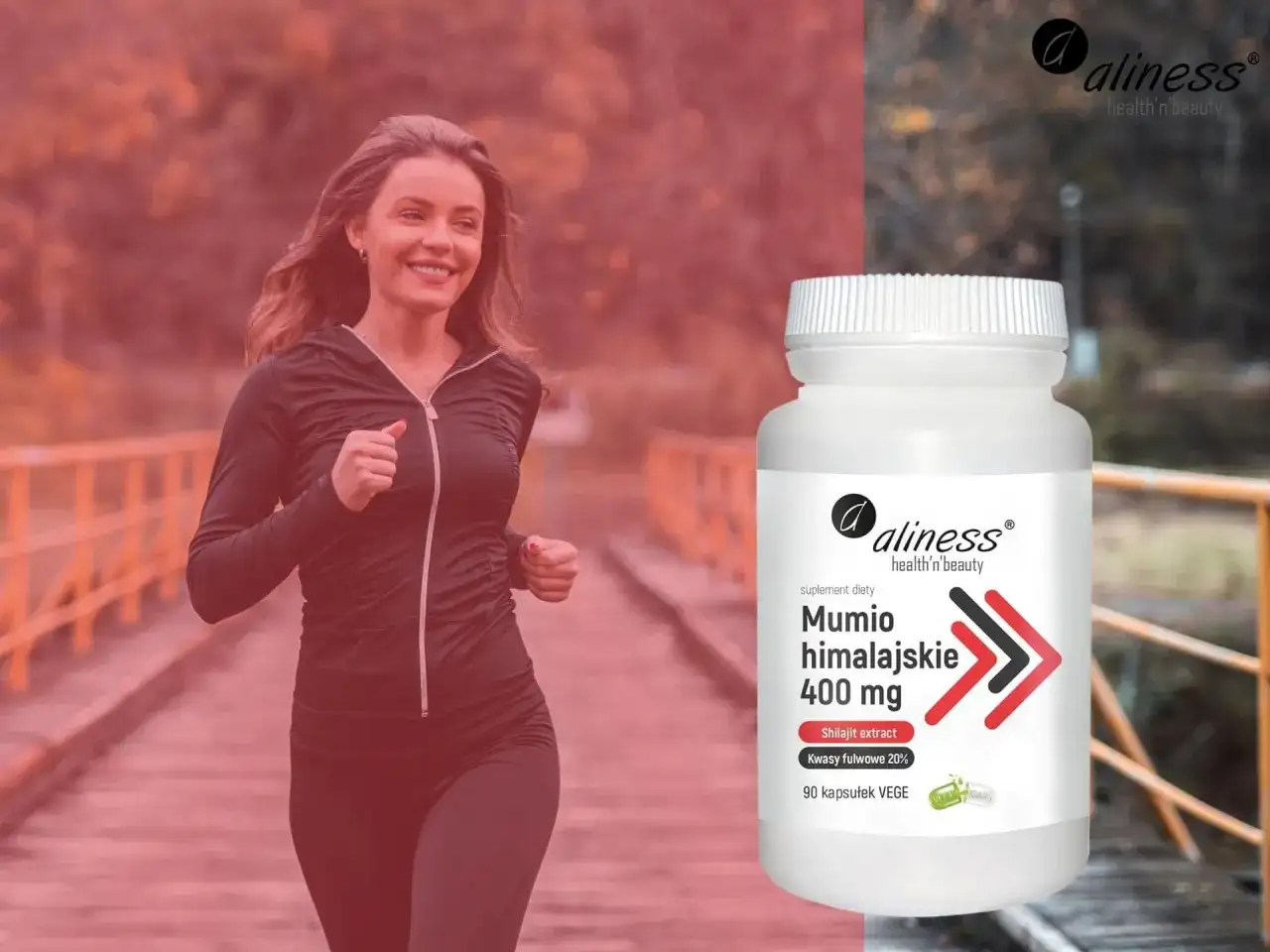 Kobieta w stroju sportowym biegnie, obok butelka suplementu diety Mumio himalajskie 400 mg.