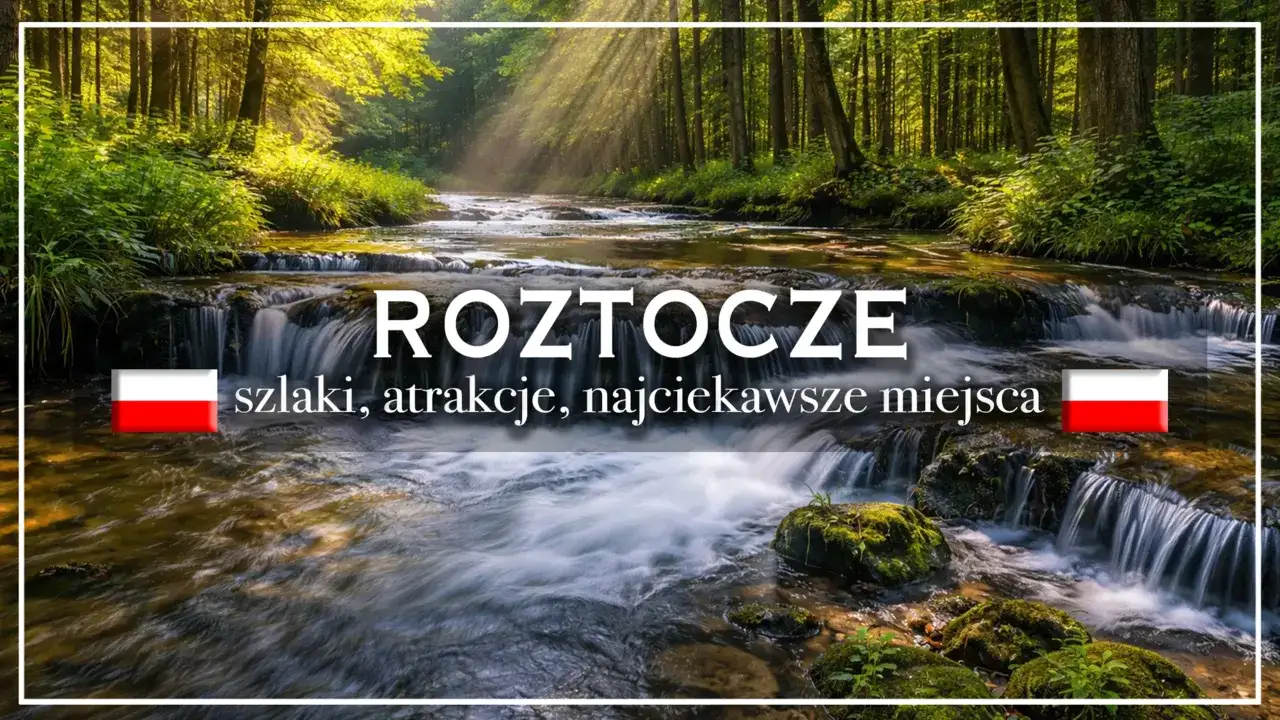 Roztocze lubelskie: malowniczy potok wśród drzew, wodospady i polska flaga. Odkryj szlaki i najciekawsze miejsca.