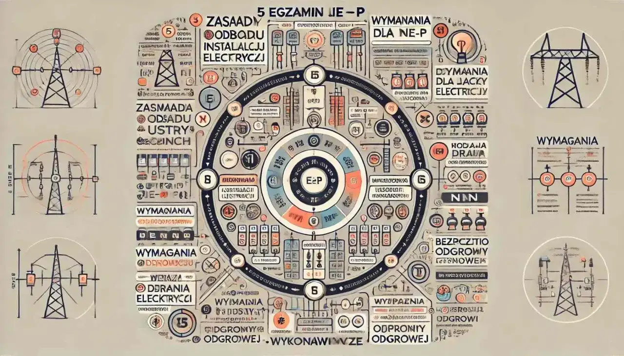 Schemat egzaminu na uprawnienia budowlane elektryczne. Diagram przedstawia zasady, wymagania i odpowiedzialność.