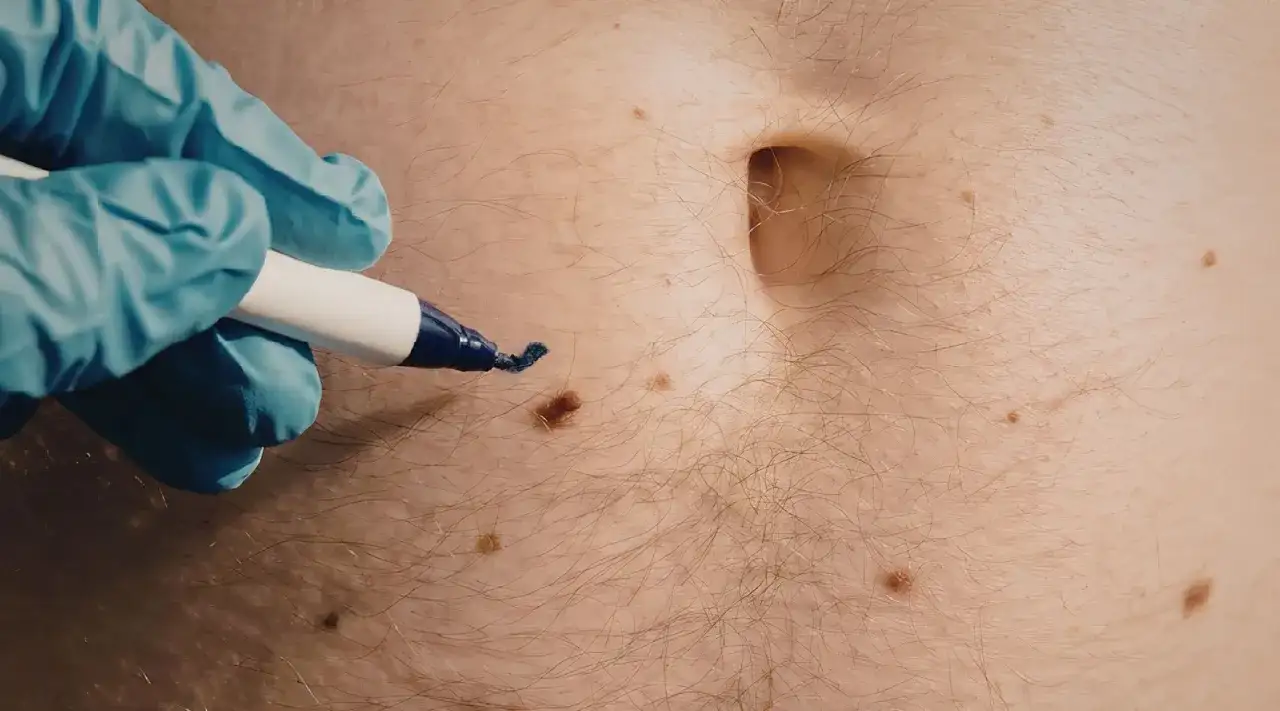 Lekarz zaznacza markerem pieprzyk na brzuchu, badając najczęstsze choroby skóry.