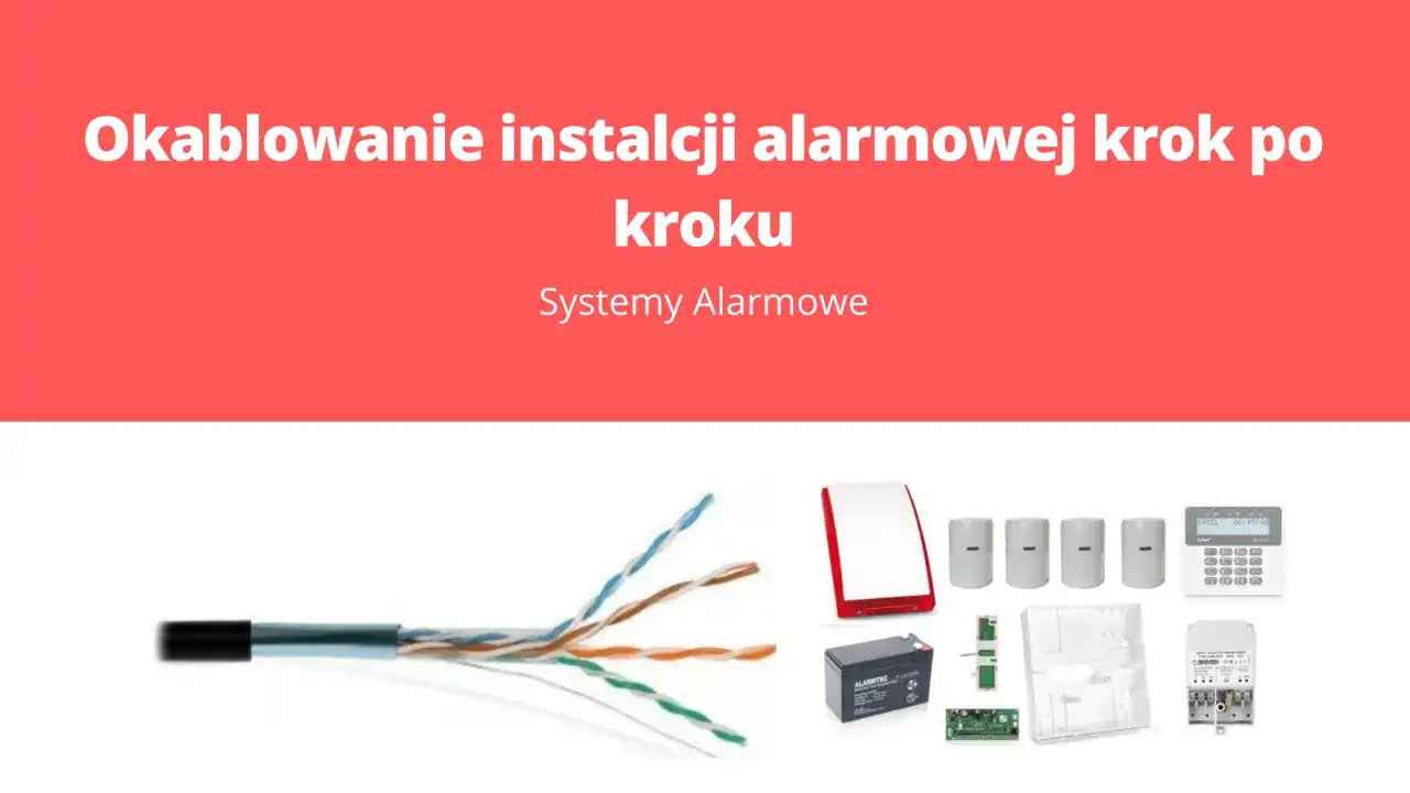 Kabel do czujek alarmowych, syrena, czujniki ruchu, akumulator, centrala alarmowa i klawiatura – elementy systemu zabezpieczeń.
