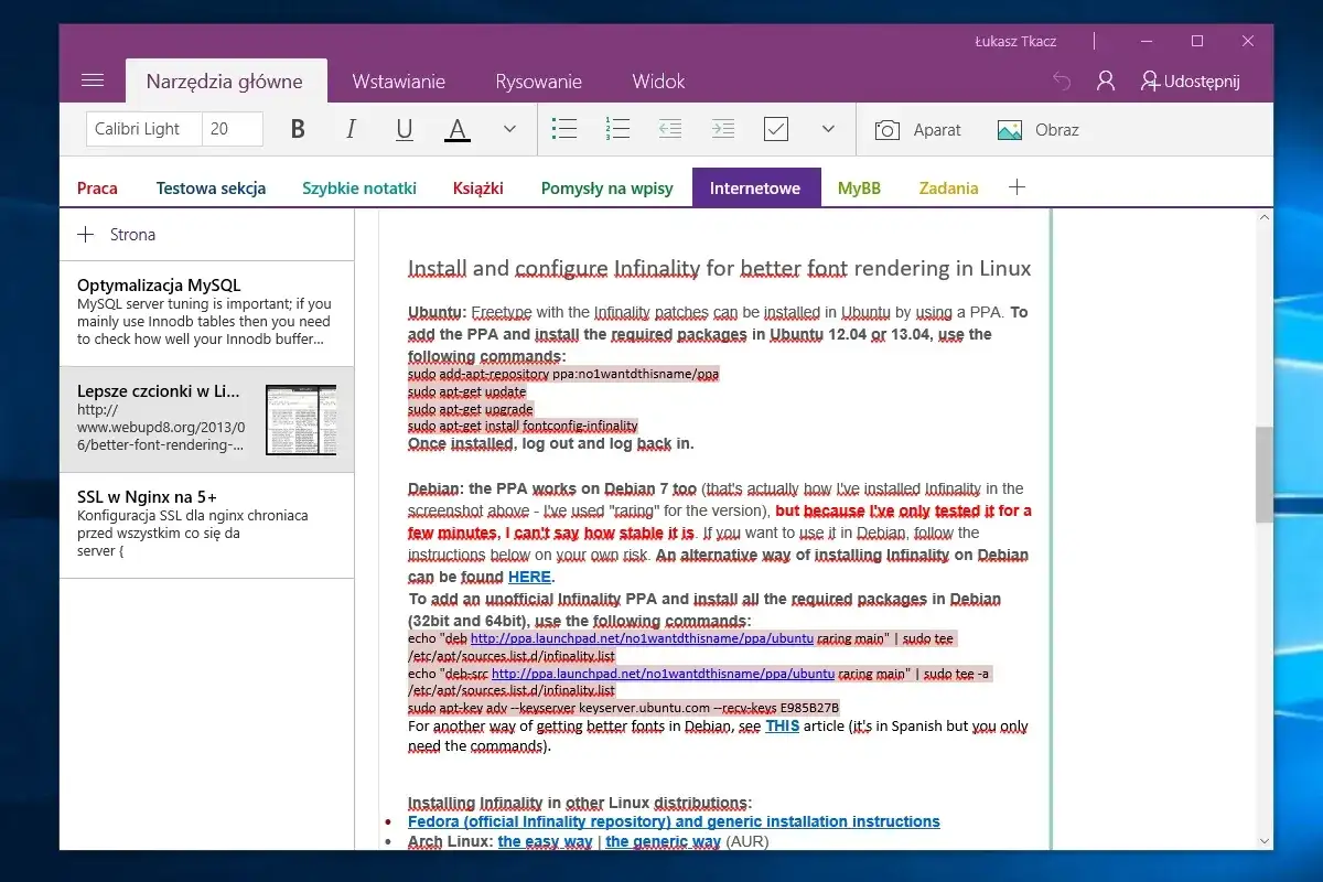 Aplikacja do notatek na laptopa z instrukcją instalacji Infinality dla lepszego renderowania czcionek w Linuksie.