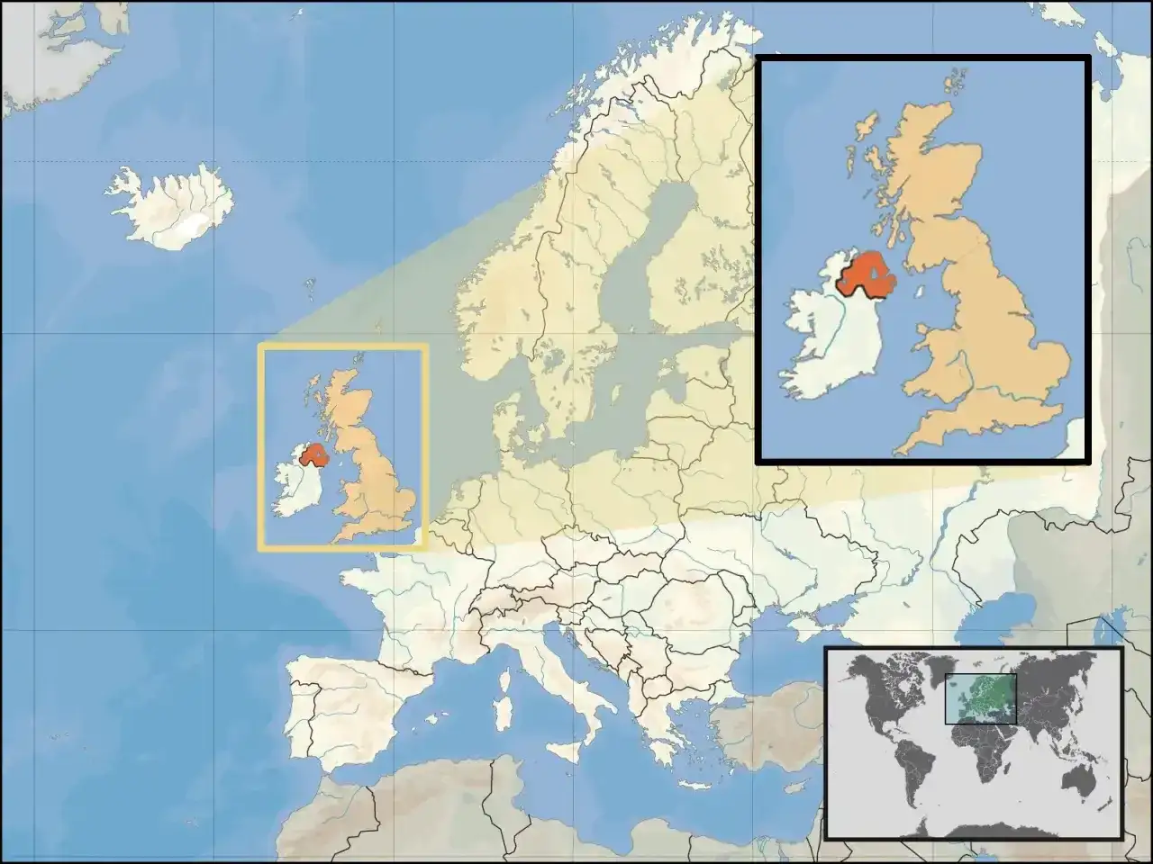 Mapa Europy z zaznaczonym UK i Irlandią. Północna Irlandia, część UK, jest wyróżniona.