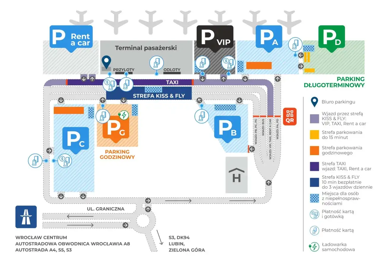 Mapa lotniska Wrocław: parkingi VIP, godzinowy, długoterminowy, Kiss & Fly. Sprawdź cennik i lokalizację.
