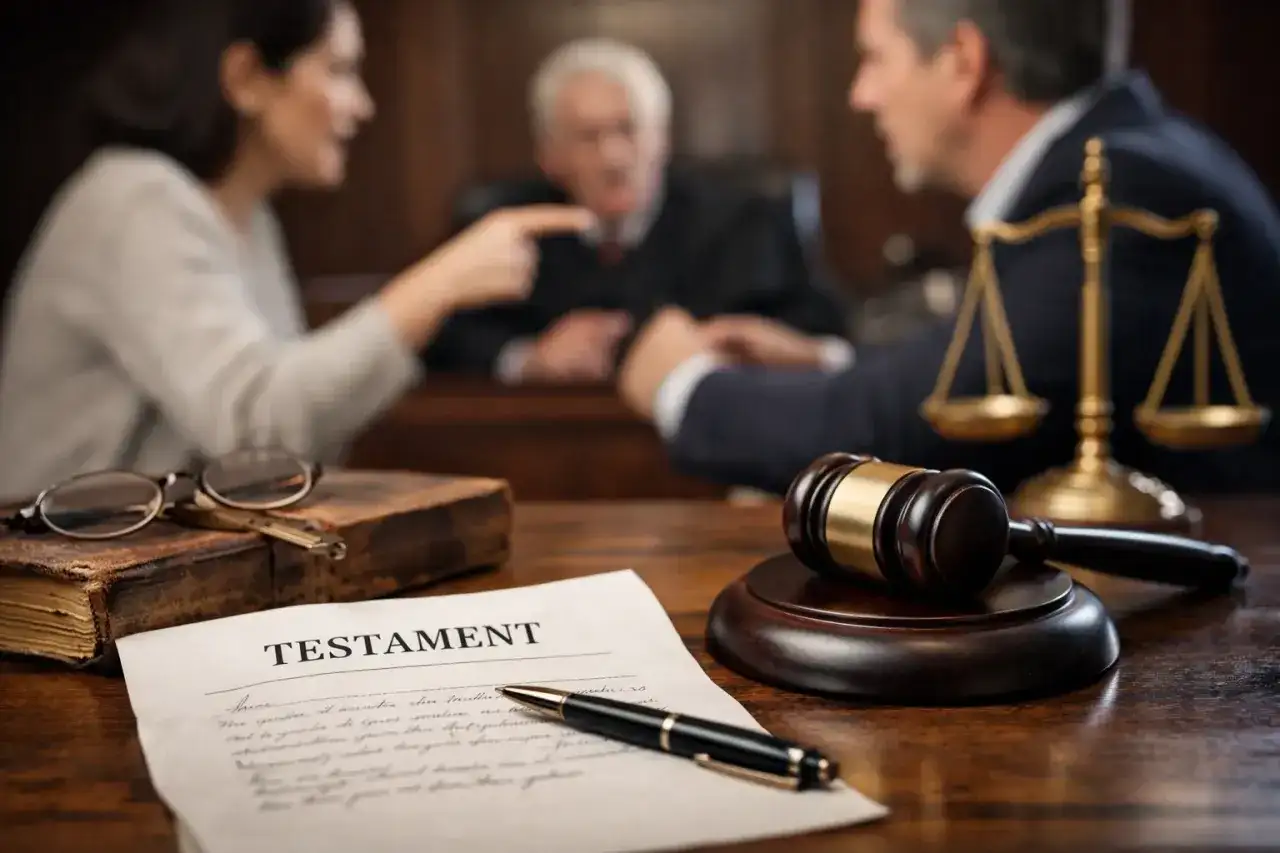 Sąd rozpatruje testament. Na pierwszym planie dokument z napisem "TESTAMENT", obok młotek sędziowski i waga sprawiedliwości.