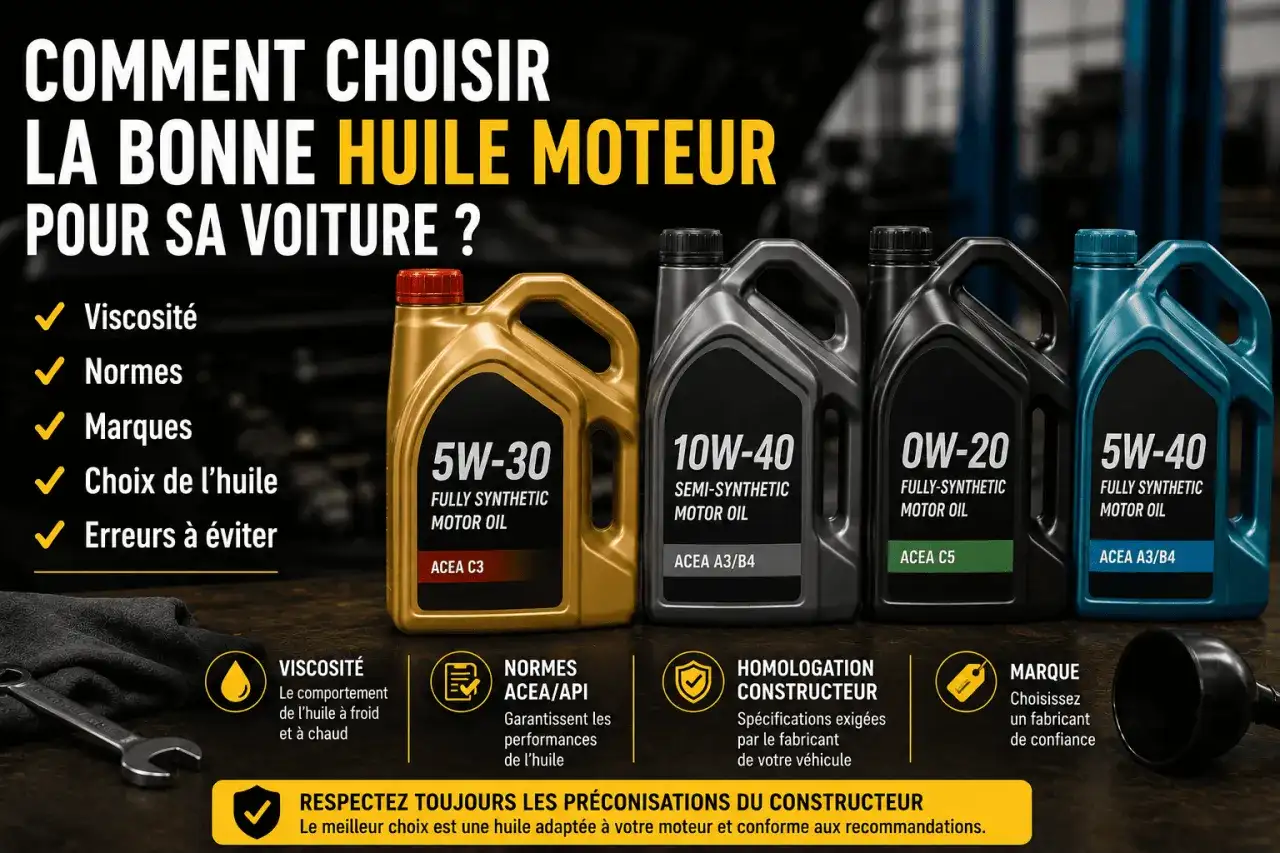 Quatre bidons d'huile moteur de différents types (5W-30, 10W-40, 0W-20, 5W-40) sont alignés. Le texte explique comment choisir le bon type d'huile moteur.
