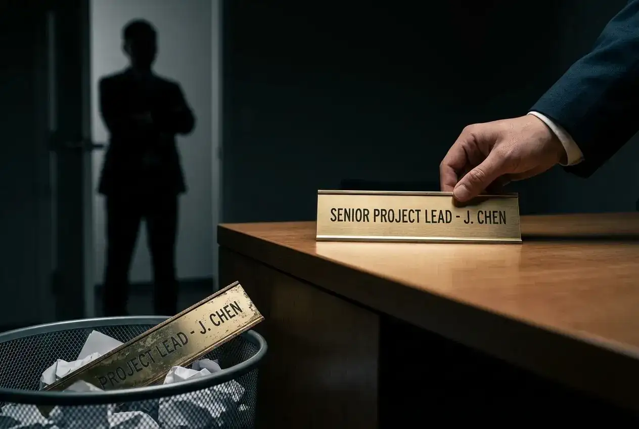 Złota tabliczka "SENIOR PROJECT LEAD - J. CHEN" jest zabierana z biurka, podczas gdy poprzednia leży w koszu na śmieci. To symbol likwidacji stanowiska pracy.