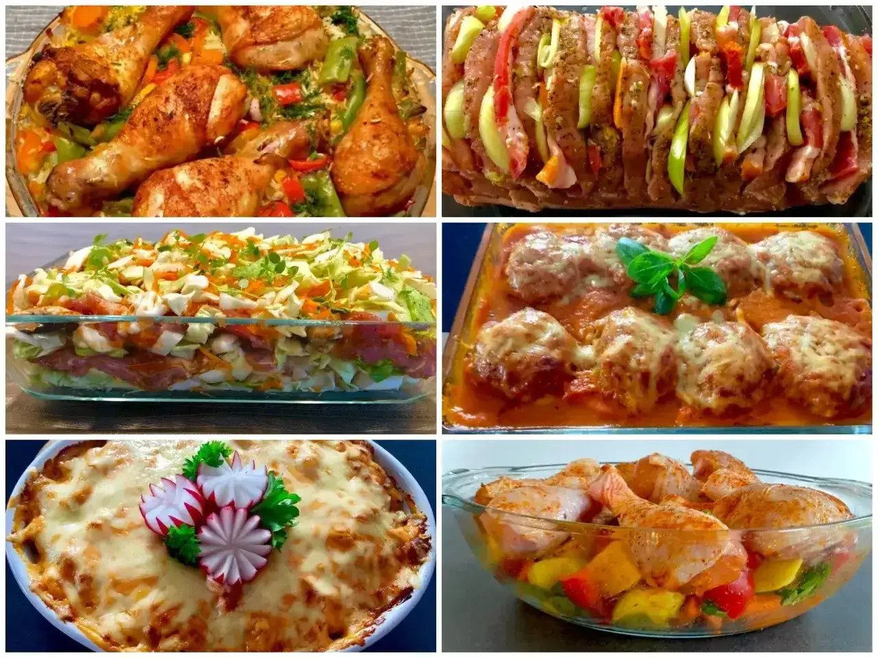 Pyszny obiad na niedzielę: pieczony kurczak z warzywami, zapiekanka, klopsiki w sosie, pieczeń i sałatka.