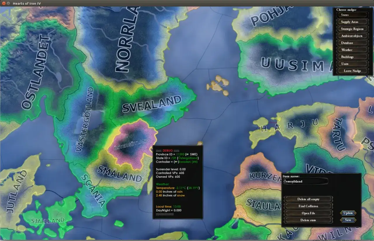 Gra Hearts of Iron IV, widok mapy Szwecji. Debugowanie stanu Östergötland, przydatne przy wprowadzaniu hoi4 kody.