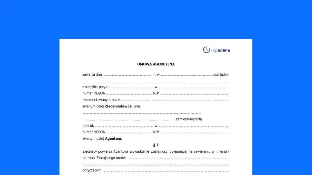 Umowa agencyjna, dokument z danymi Zleceniodawcy i Agenta, gotowy do wypełnienia.