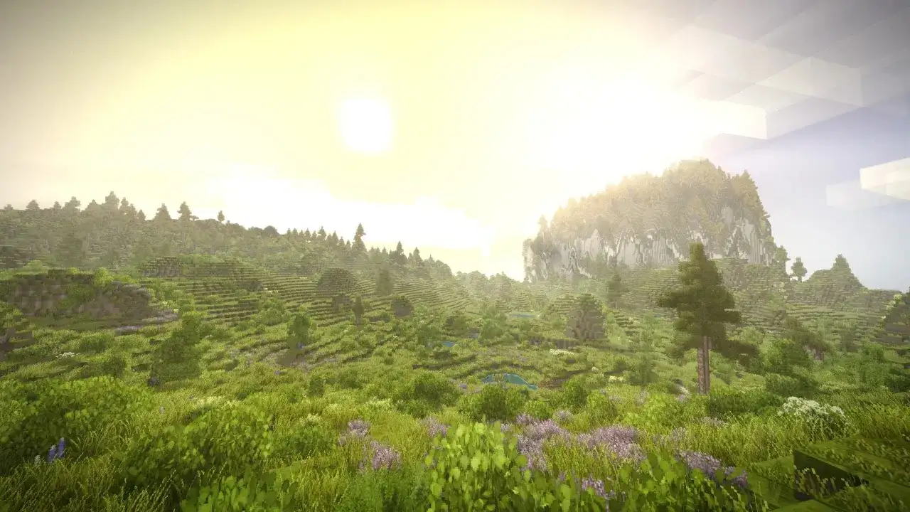 Zielona, tarasowa dolina z kwitnącymi kwiatami, gdzie słońce wschodzi nad górą. Jakby z **vintage story steam**.