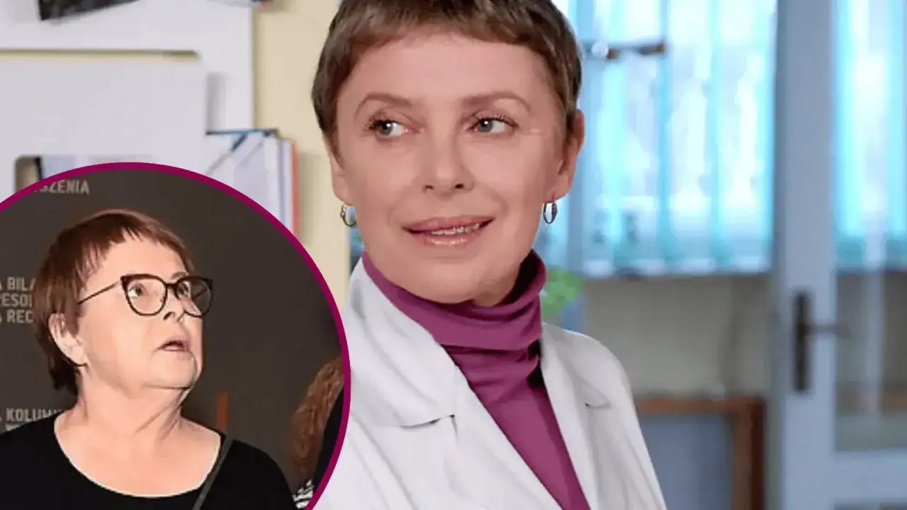 Gwiazda reality show w białym kitlu i fioletowym golfie. W tle widać fragment innej kobiety w okularach, co może być powodem nagłej hospitalizacji gwiazdy popularnego reality show.