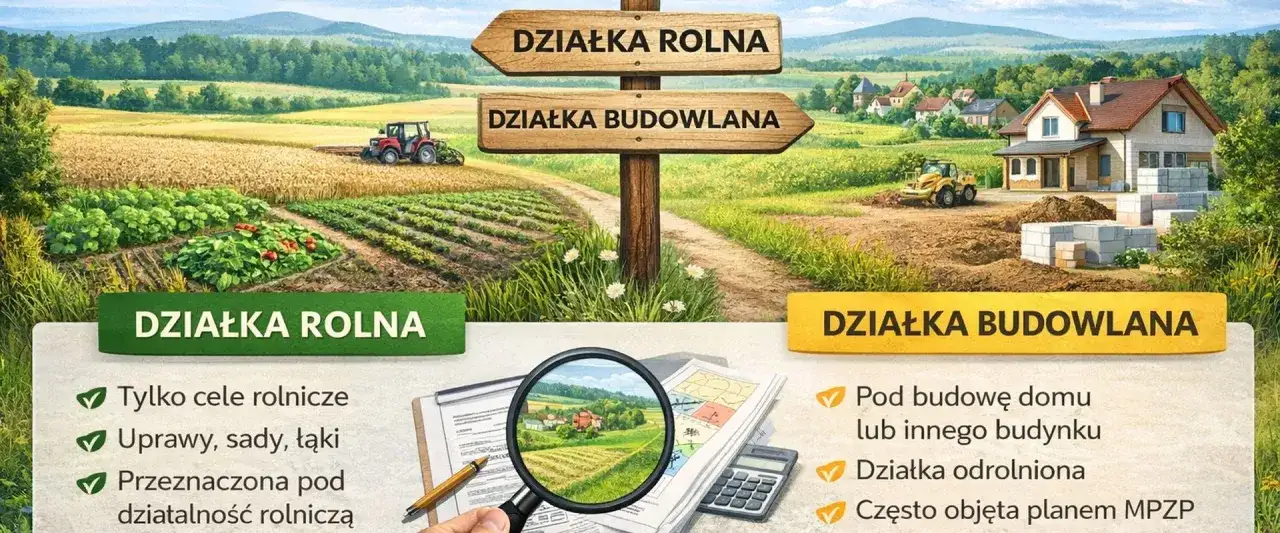 Rozdroże dróg: z jednej strony działka rolna z uprawami i traktorem, z drugiej działka budowlana z domem w budowie.