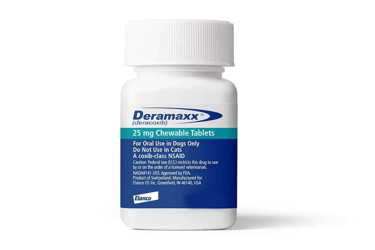Pojemnik z tabletkami Deramaxx 25 mg dla psów, zawierający lek przeciwzapalny.