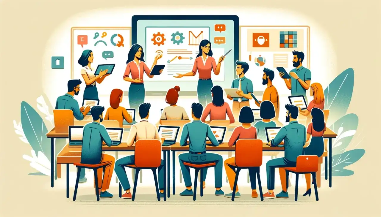 Ilustracja przedstawia szkolenie dla dorosłych, gdzie dwie kobiety prowadzą lekcję, a uczestnicy siedzą przy stołach z laptopami.