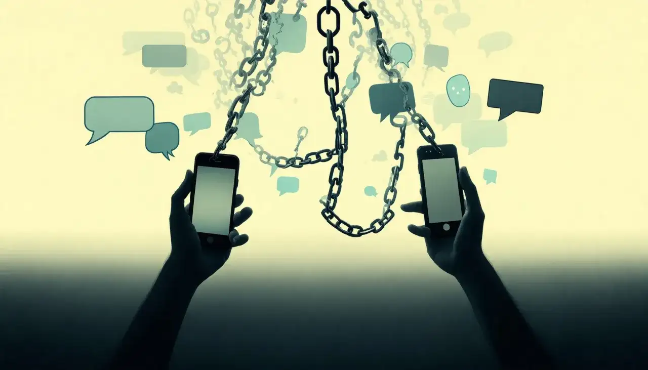 Dwie ręce trzymają telefony, połączone łańcuchami z dymkami czatu. Czy da się usunąć wszystkie wiadomości na Messengerze, gdy są one tak splecione?