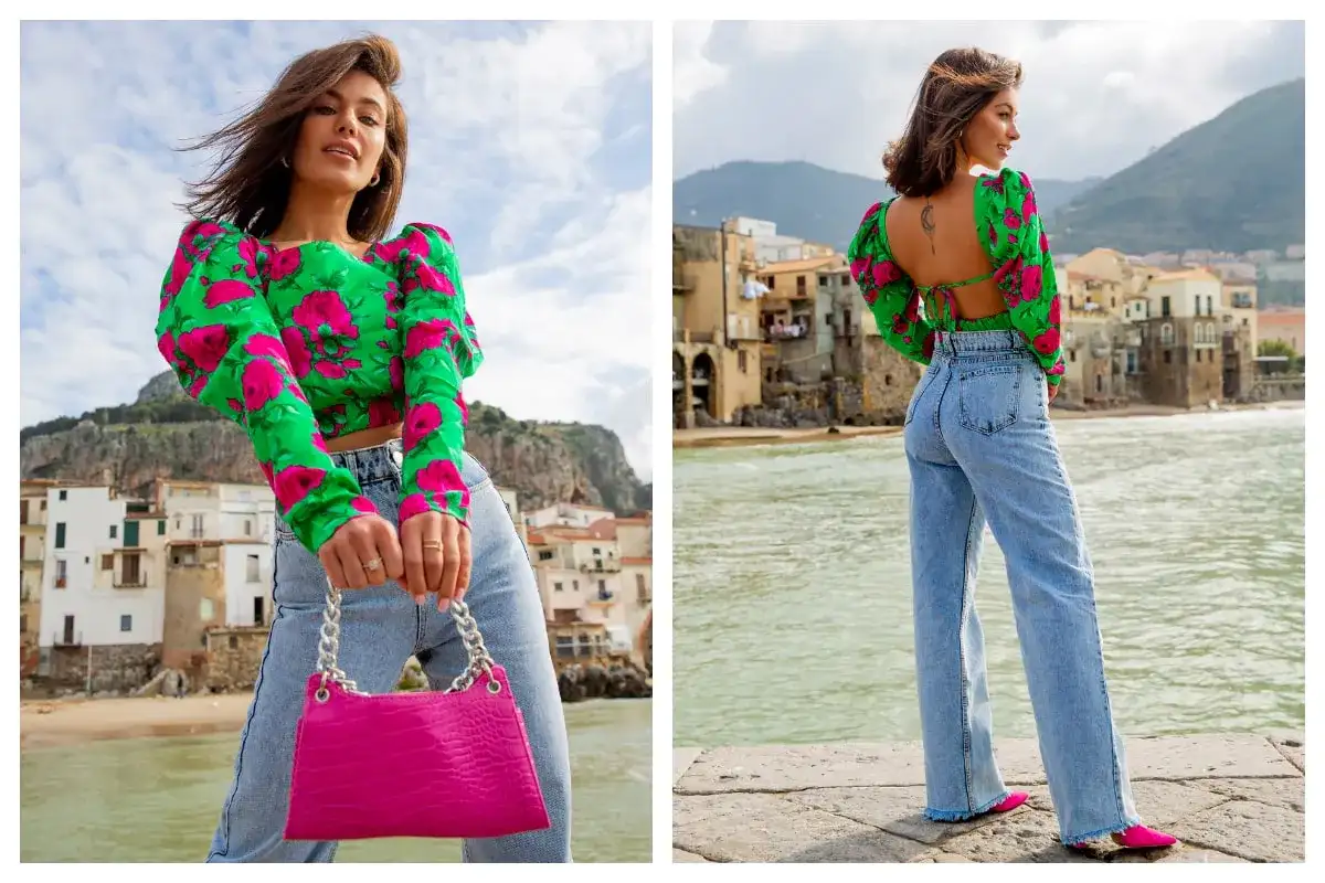 Włoski styl: kwiecisty crop top z bufiastymi rękawami, jeansy i fuksjowa torebka. Tak ubierają się włoszki.