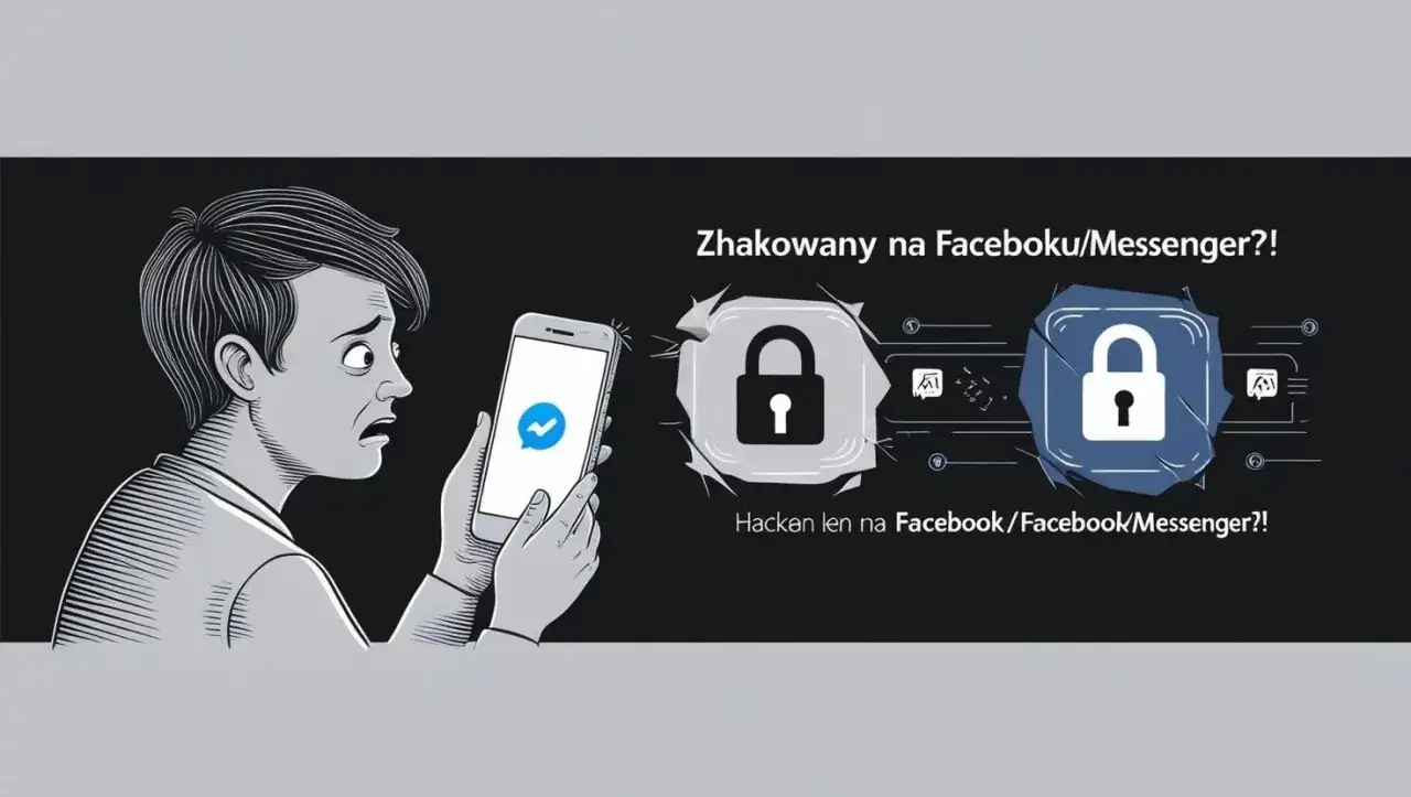 Przerażony użytkownik trzyma smartfon z ikoną Messengera. Obok widnieje symbol kłódki, sugerujący problem z bezpieczeństwem. Jak sprawdzić hasło do Messengera, gdy konto jest zagrożone?
