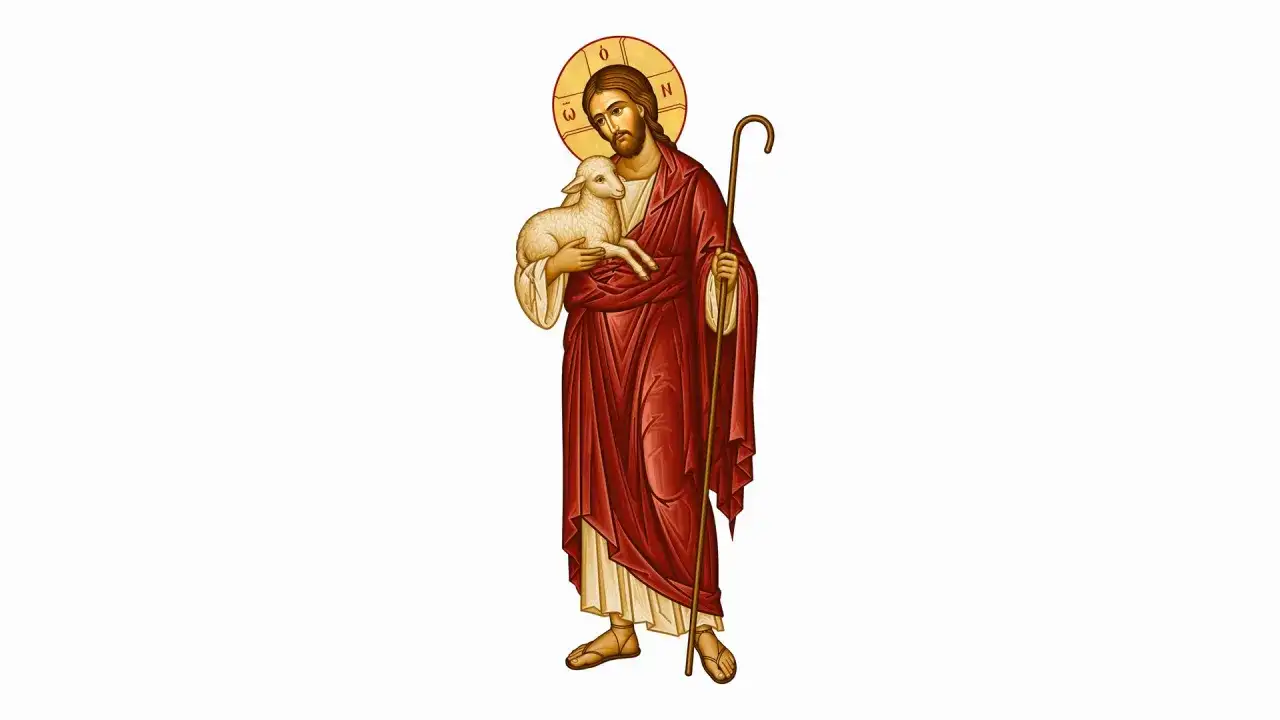 Jezus dobry pasterz, z owieczką na ramionach i laską pasterską, w czerwonej szacie i z nimbem.