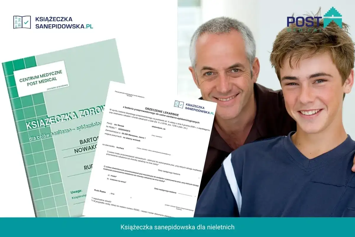 Uśmiechnięty ojciec i syn pozują z książeczką sanepidowską. Dokument jest ważny dla zdrowia i bezpieczeństwa.