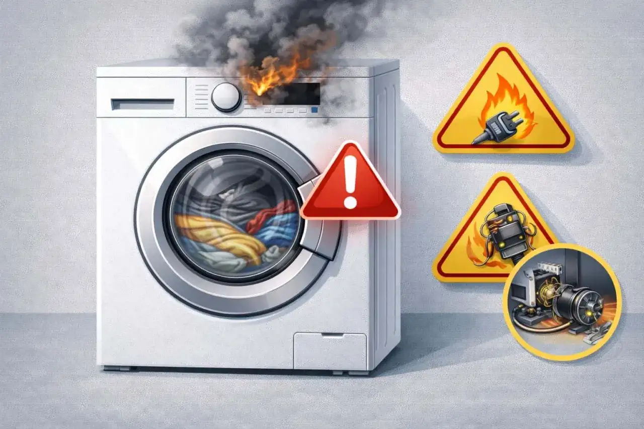 Lavatrice nuova puzza di bruciato, fumo e fiamme escono dal pannello. Segnali di pericolo indicano problemi elettrici.