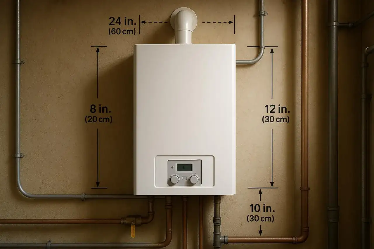 Biały piec gazowy 24kW, z wymiarami, idealny do ogrzewania domu.