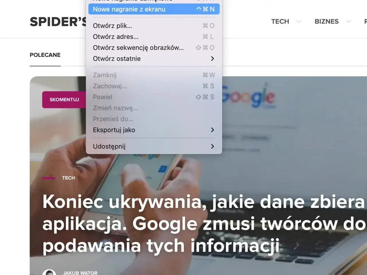 Menu z opcją "Nowe nagranie z ekranu" otwarte na laptopie. Użyj tej funkcji do nagrywania ekranu.