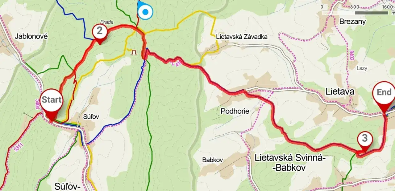 Mapa szlaku turystycznego w Słowacji, prowadzącego przez tereny skalne. Start w Jablonové, meta w Lietavie.