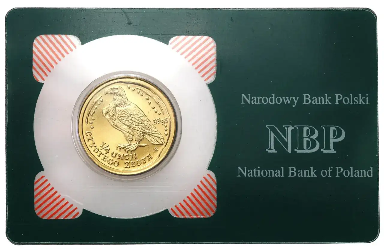 Złota moneta z orłem bielikiem, 1/4 uncji czystego złota, Narodowy Bank Polski.