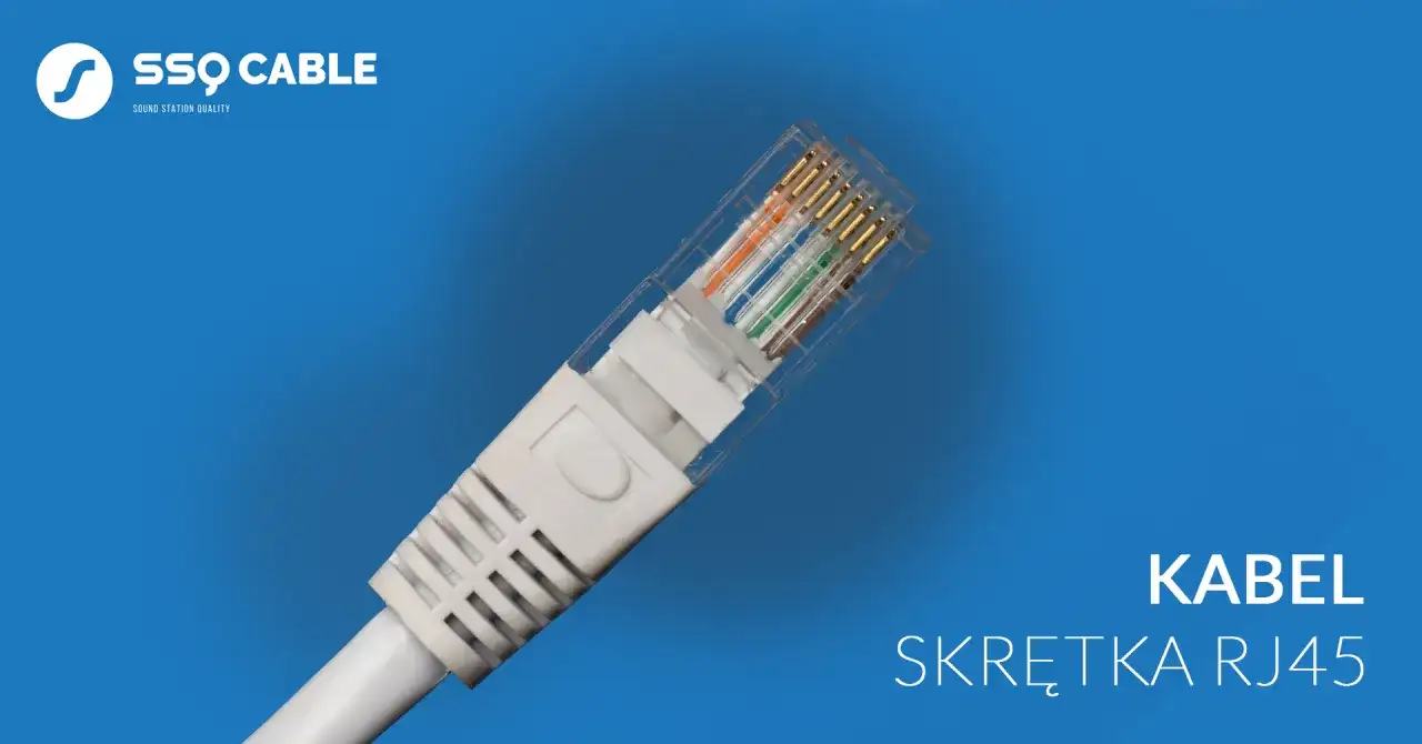 Kabel skrętka RJ45 do kamer, z widocznymi kolorowymi żyłkami i przezroczystą wtyczką.