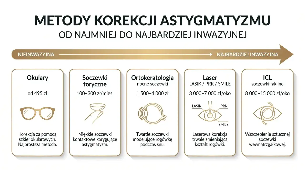 Metody korekcji astygmatyzmu i nadwzroczności: od okularów po laser i soczewki ICL.