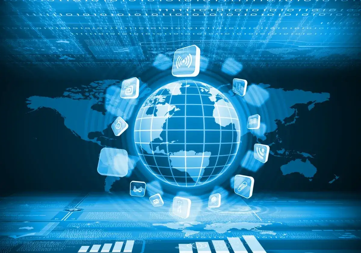 Globalna sieć symbolizująca, kiedy powstał internet, z ikonami aplikacji i mapą świata.