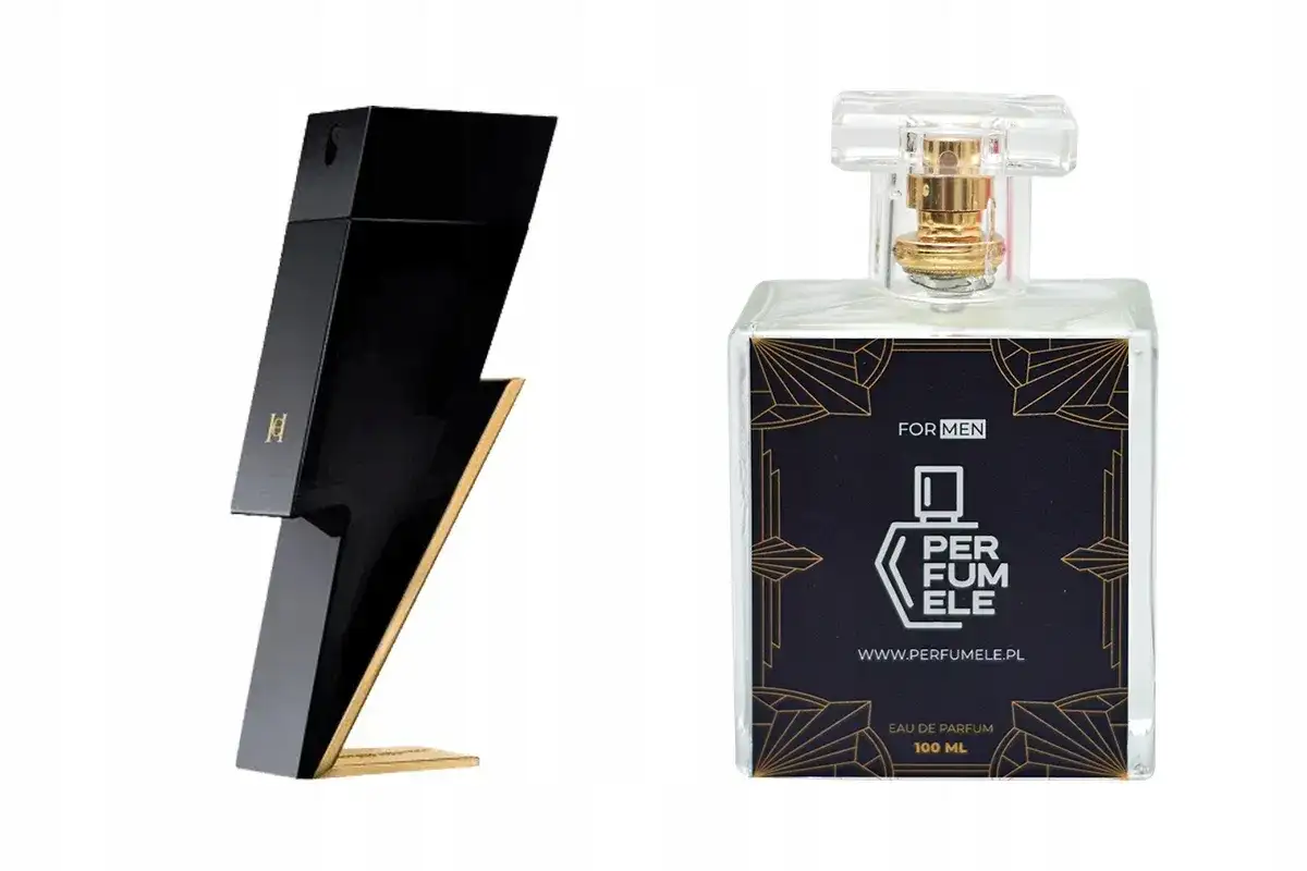 Czarny flakon perfum w kształcie pioruna Carolina Herrera obok prostokątnej butelki z etykietą Perfumele.