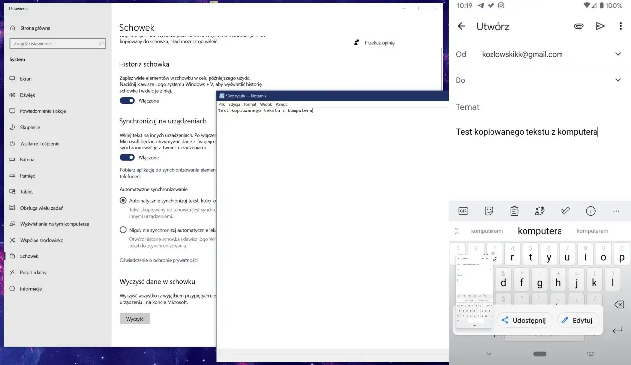 Ustawienia schowka Windows. Historia schowka pozwala na zapisywanie i wklejanie elementów, a synchronizacja ułatwia kopiowanie tekstu z komputera na inne urządzenia.