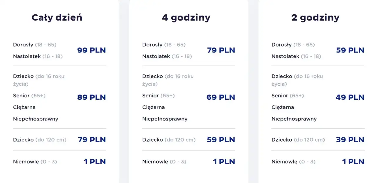 Suntago cennik rodzinny: ceny biletów całodniowych, 4-godzinnych i 2-godzinnych dla dorosłych, nastolatków, dzieci, seniorów i niemowląt.